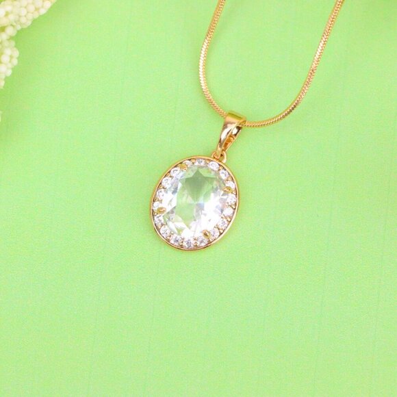 "Oval White Pendant with Crystal Halo in Elegant Rose Gold Plating, XPPT1621 - Picture 10 of 13